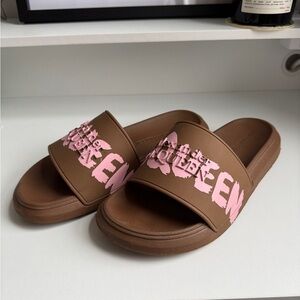 Alexander McQueen Pool Slide Graffiti Logo Brown and Pink Sandals